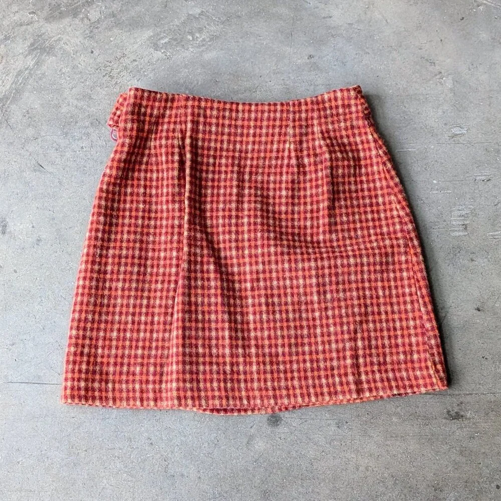 Vintage NY&CO Orange Plaid Wool Blend Mid Mod Belted Wrap Mini Skirt size 4 - Picture 8 of 8